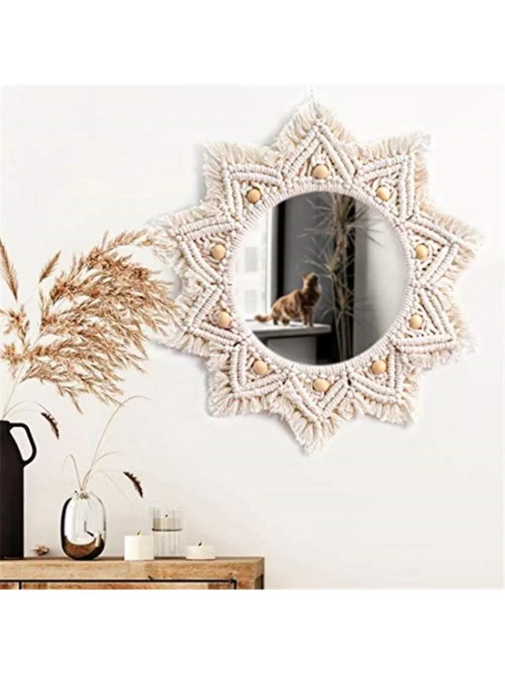 Boho Wall Decor Mirror Macrame Circle Hanging Mirror for Bedroom Living Room